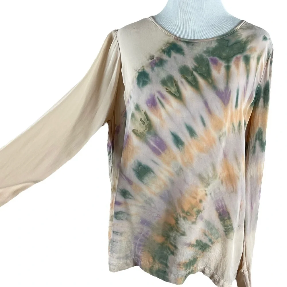 Raquel Allegra 100% Silk Blouse Tie Dye Ink Blot Size 1 Made in LA Nude Neutral - Picture 8 of 16